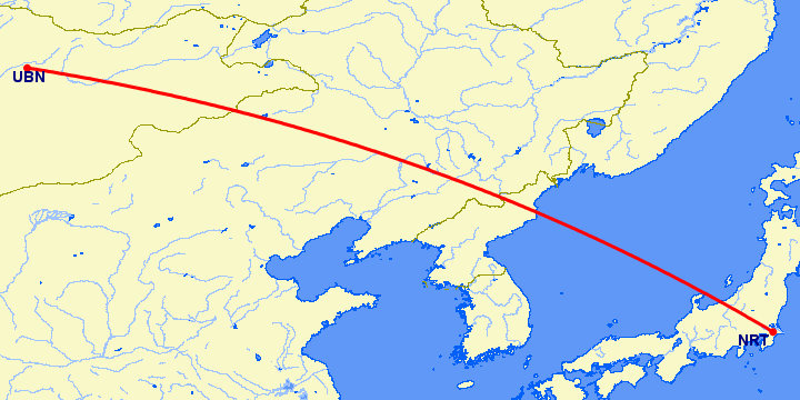 перелет Токио — Улан Батор на карте