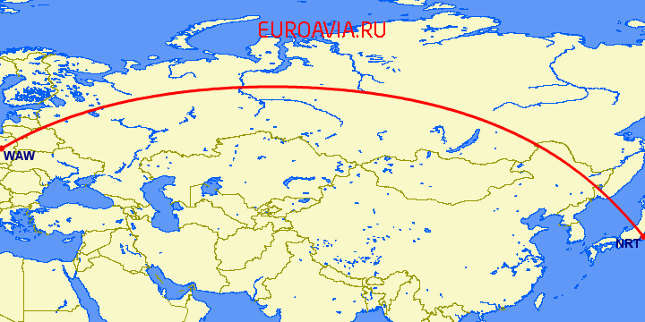 перелет Токио — Варшава на карте