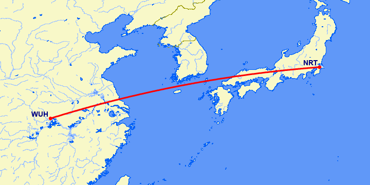 перелет Токио — Вухан на карте