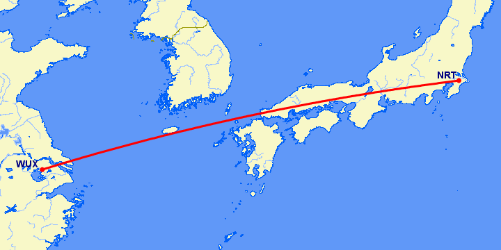 перелет Токио — Вуси на карте