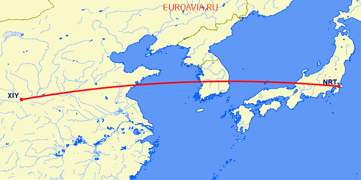 перелет Токио — Синьян на карте