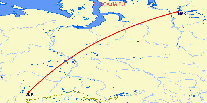 перелет Норильск — Челябинск на карте