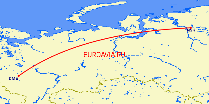 перелет Норильск — Москва на карте