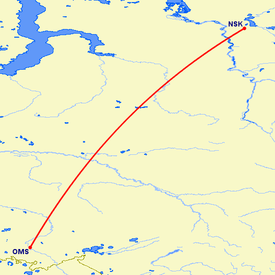 перелет Норильск — Омск на карте