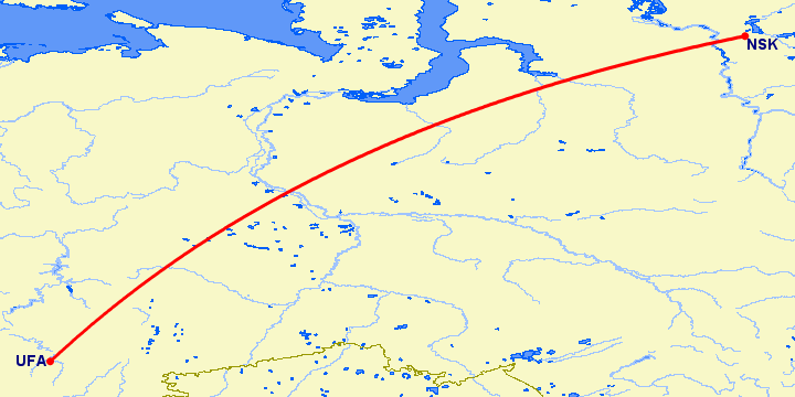 перелет Норильск — Уфа на карте