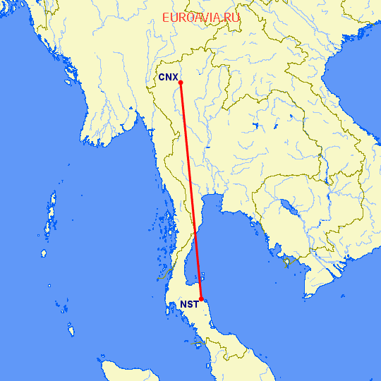 перелет Након Си Таммарат — Чианг Май на карте