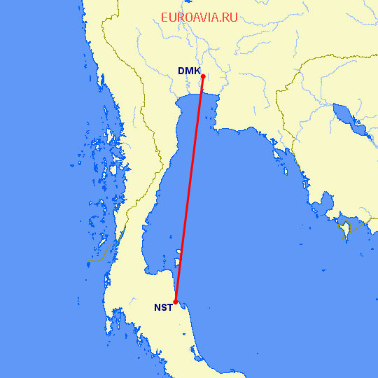 перелет Након Си Таммарат — Бангкок на карте