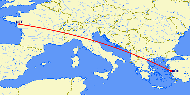перелет Нант — Измир на карте