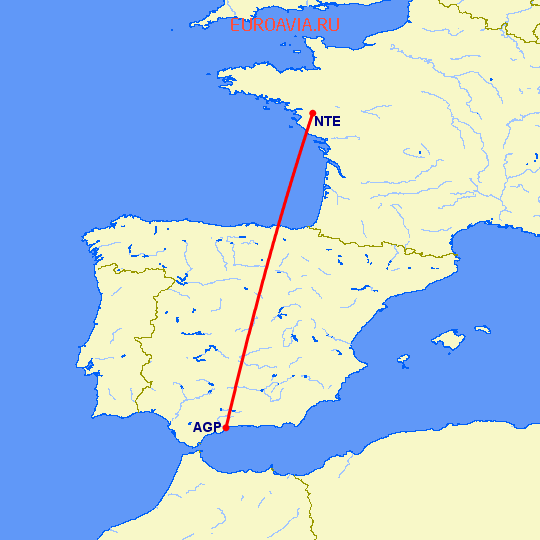 перелет Нант — Малага на карте