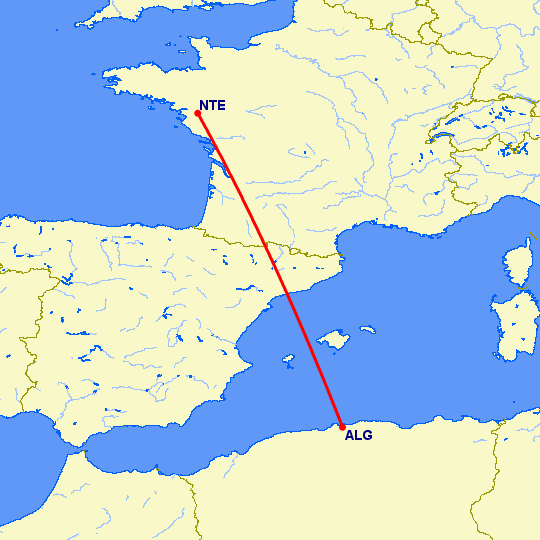 перелет Нант — Алжир на карте