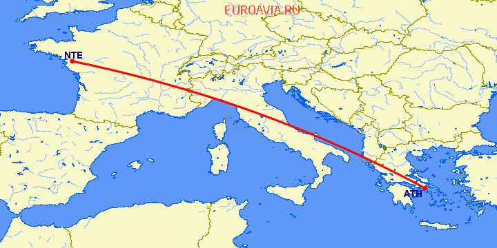 перелет Нант — Афины на карте