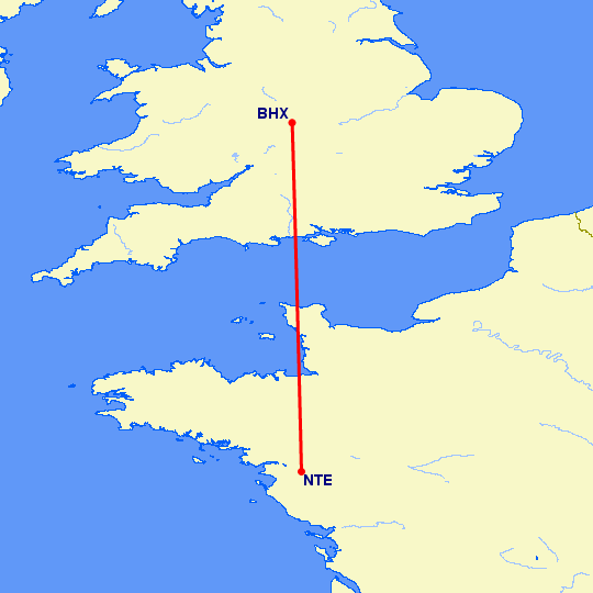 перелет Нант — Бирмингем на карте