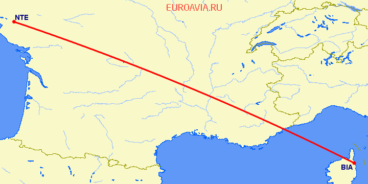 перелет Нант — Бастия на карте