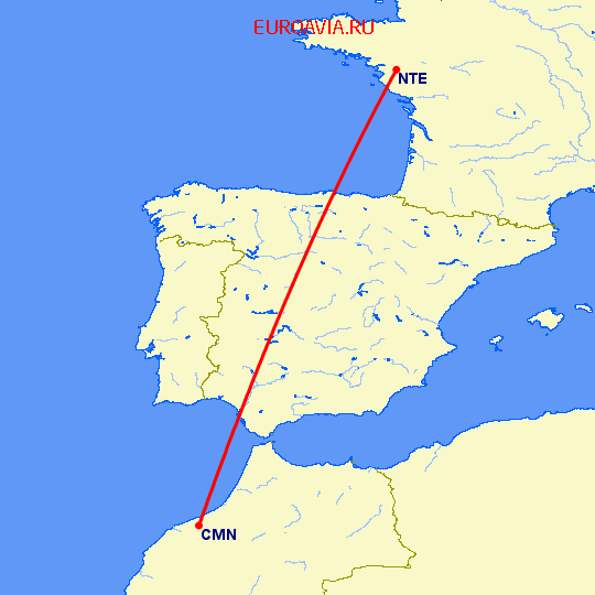 перелет Нант — Касабланка на карте