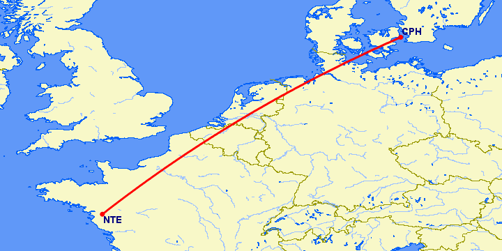перелет Нант — Копенгаген на карте