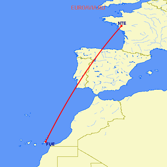 перелет Нант — Пуэрто дель Росарио на карте