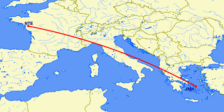перелет Нант — Миконос на карте