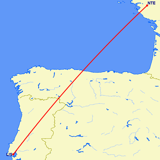 перелет Нант — Лиссабон на карте