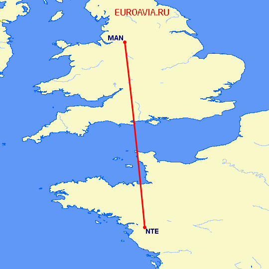 перелет Нант — Манчестер на карте