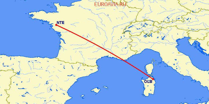 перелет Нант — Costa Smeralda на карте