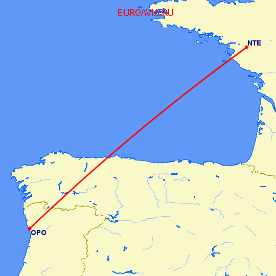 перелет Нант — Порту на карте