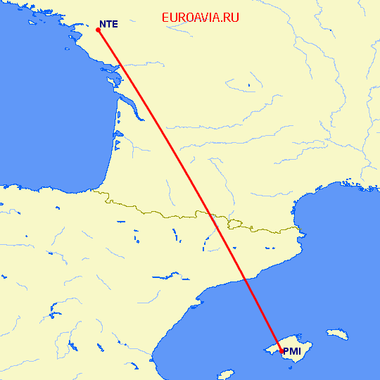 перелет Нант — Пальма де Майорка на карте