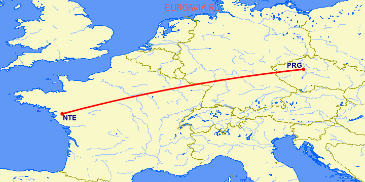 перелет Нант — Прага на карте