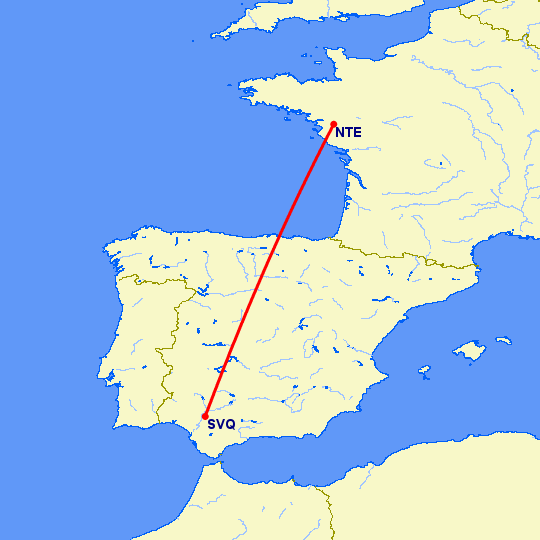 перелет Нант — Севилья на карте