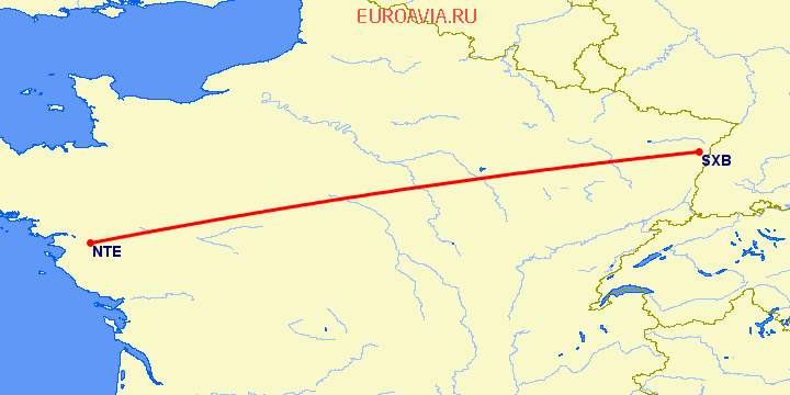 перелет Нант — Страсбург на карте