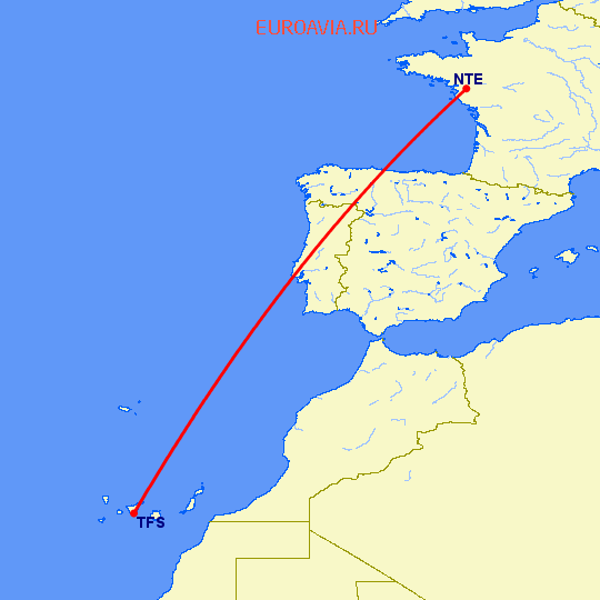 перелет Нант — Тенерифе на карте