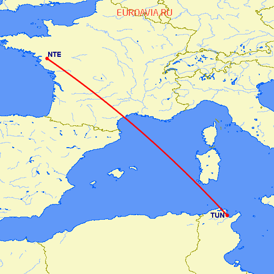 перелет Нант — Тунис на карте