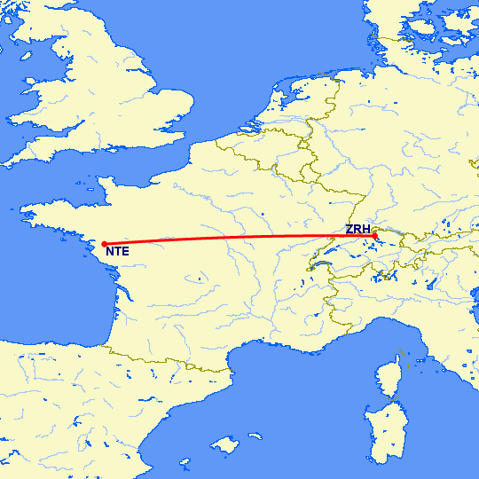 перелет Нант — Цюрих на карте