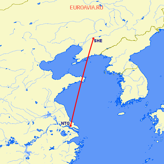 перелет Наньтун — Шеньян на карте