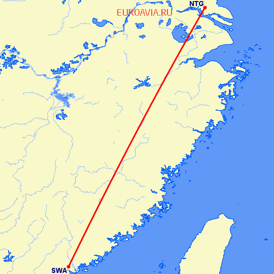 перелет Наньтун — Шаньтоу на карте
