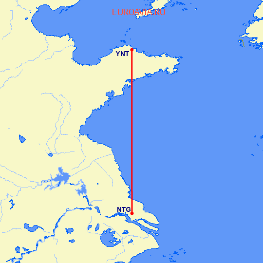 перелет Наньтун — Янтай на карте