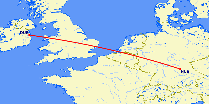 перелет Нюремберг — Дублин на карте