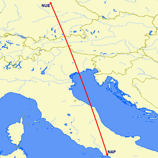 перелет Нюремберг — Неаполь на карте