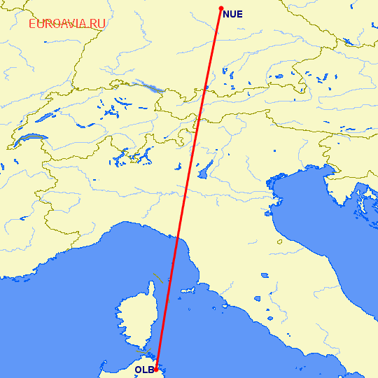 перелет Нюремберг — Ольбия на карте