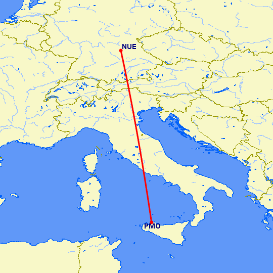 перелет Нюремберг — Палермо на карте