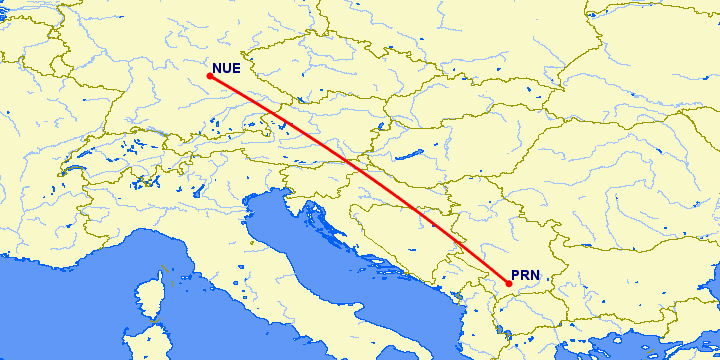 перелет Нюремберг — Приштина на карте