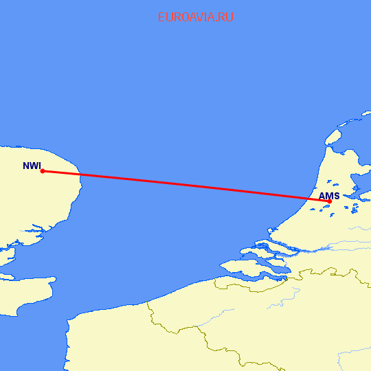 перелет Норвич — Амстердам на карте
