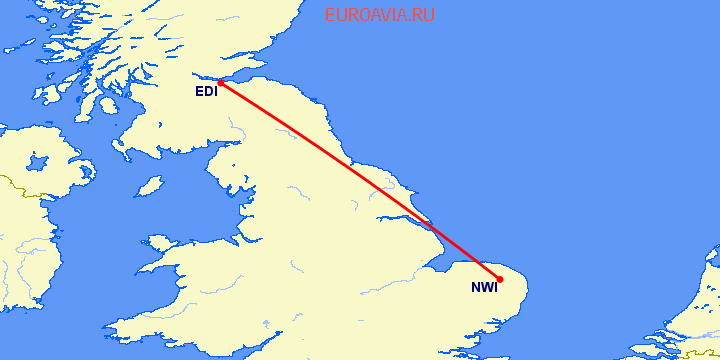 перелет Норвич — Эдинбург на карте