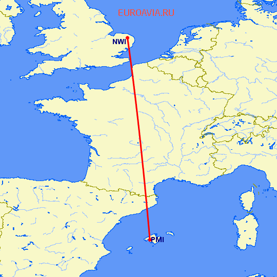 перелет Норвич — Пальма де Майорка на карте