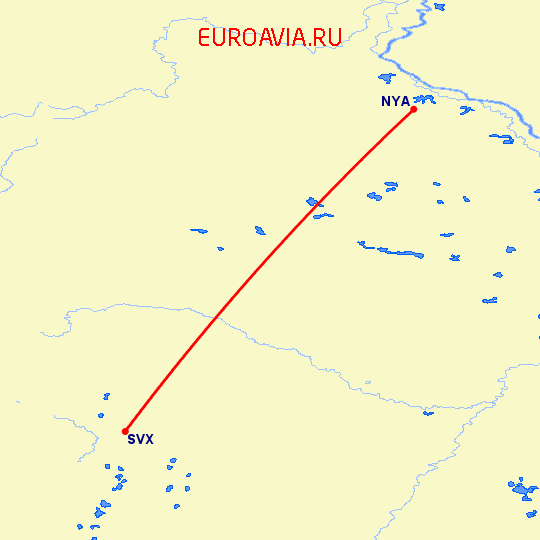 перелет Нягань — Екатеринбург на карте