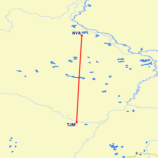 перелет Нягань — Тюмень на карте