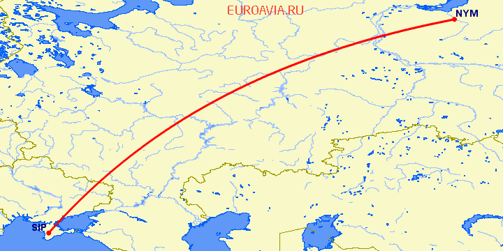 перелет Надым — Симферополь на карте