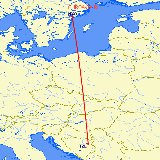 перелет Стокгольм — Тузла на карте
