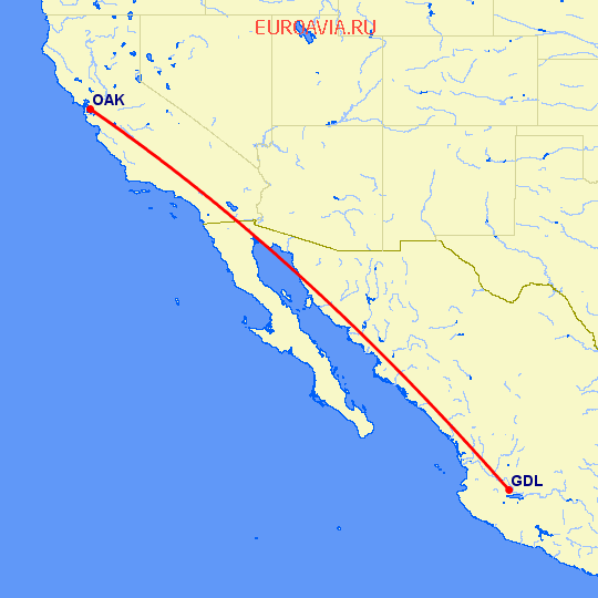 перелет Окленд — Гуадалахара на карте