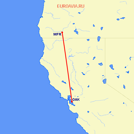 перелет Окленд — Медфорд на карте