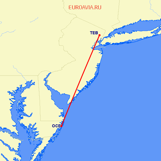 перелет Ocean City — Teterboro на карте